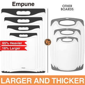 Empune cutting board set XL on counter demonstrates durability for heavy chopping tasks.