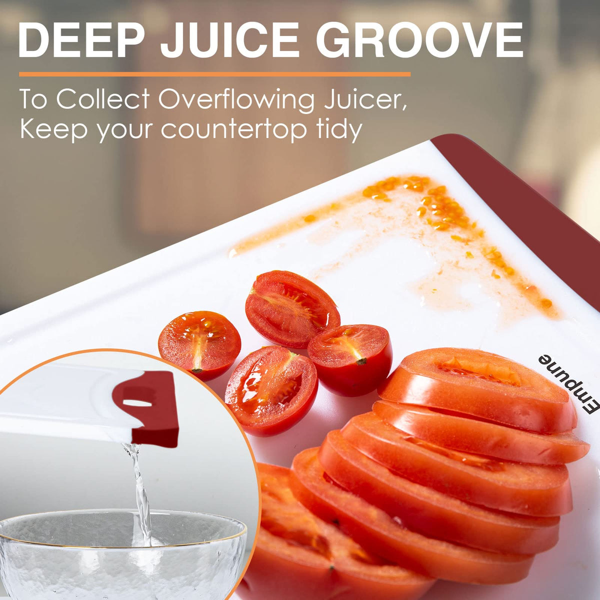 Empune small cutting board demonstrates dishwasher-safe convenience for quick cleanup.