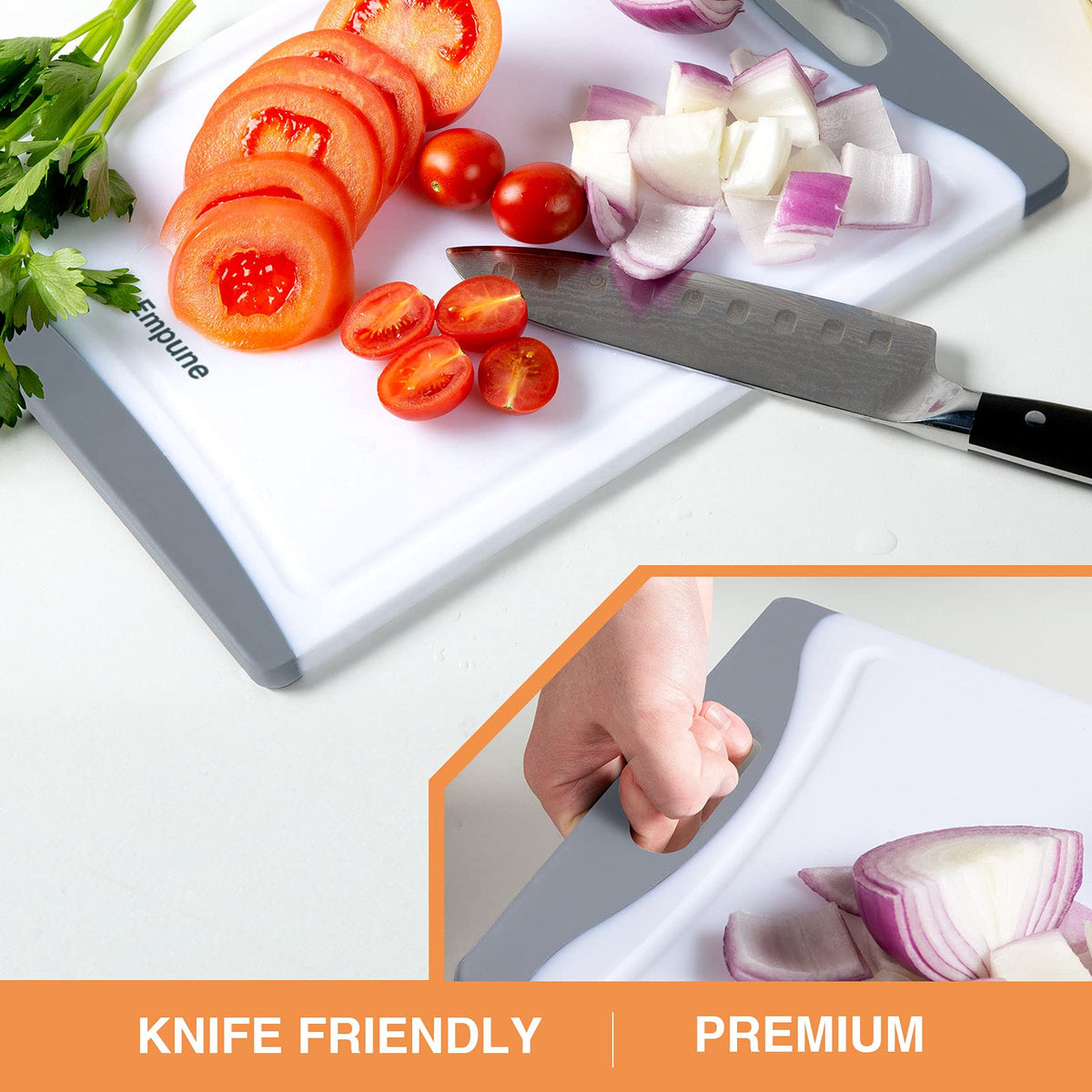 Empune grey cutting boards on the counter, juice grooves collect spills for pristine surfaces.