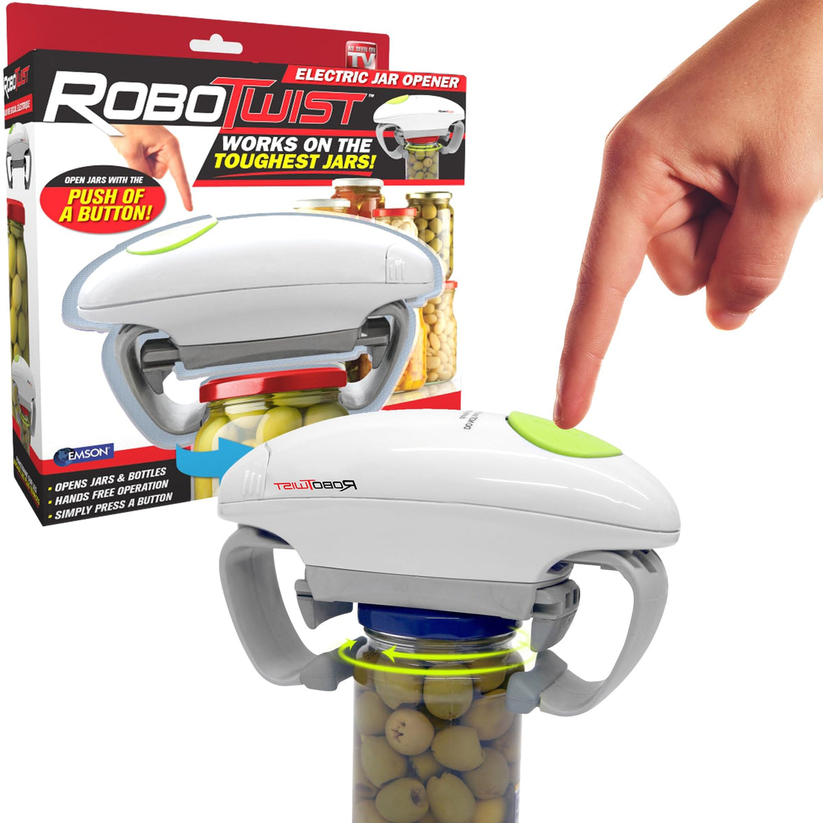 EMSON Robotwist Deluxe torque boost opens stubborn jars effortlessly.
