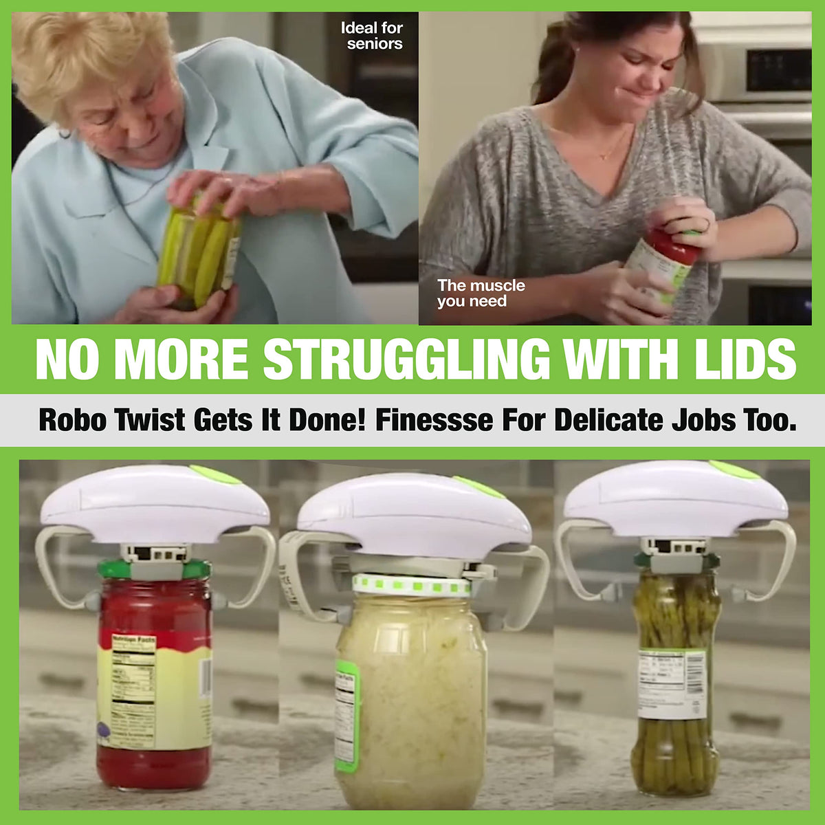 EMSON Robotwist with wide-grip arms handles various jar lids.