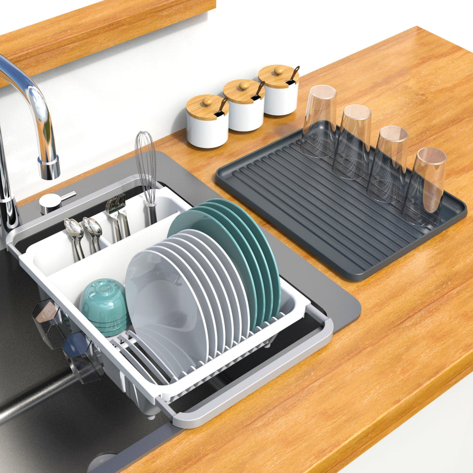 EMT ETRENDS dish drying rack over sink with drainboard keeps counters dry.