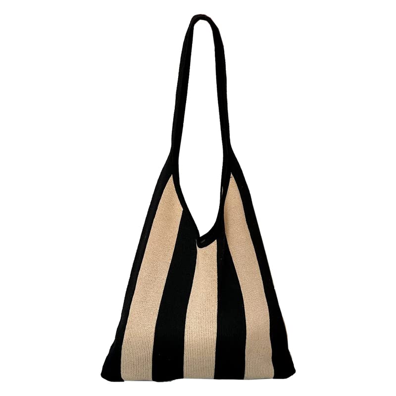 ENBEI crocheted tote bag with black stripes, ideal for daily carry.