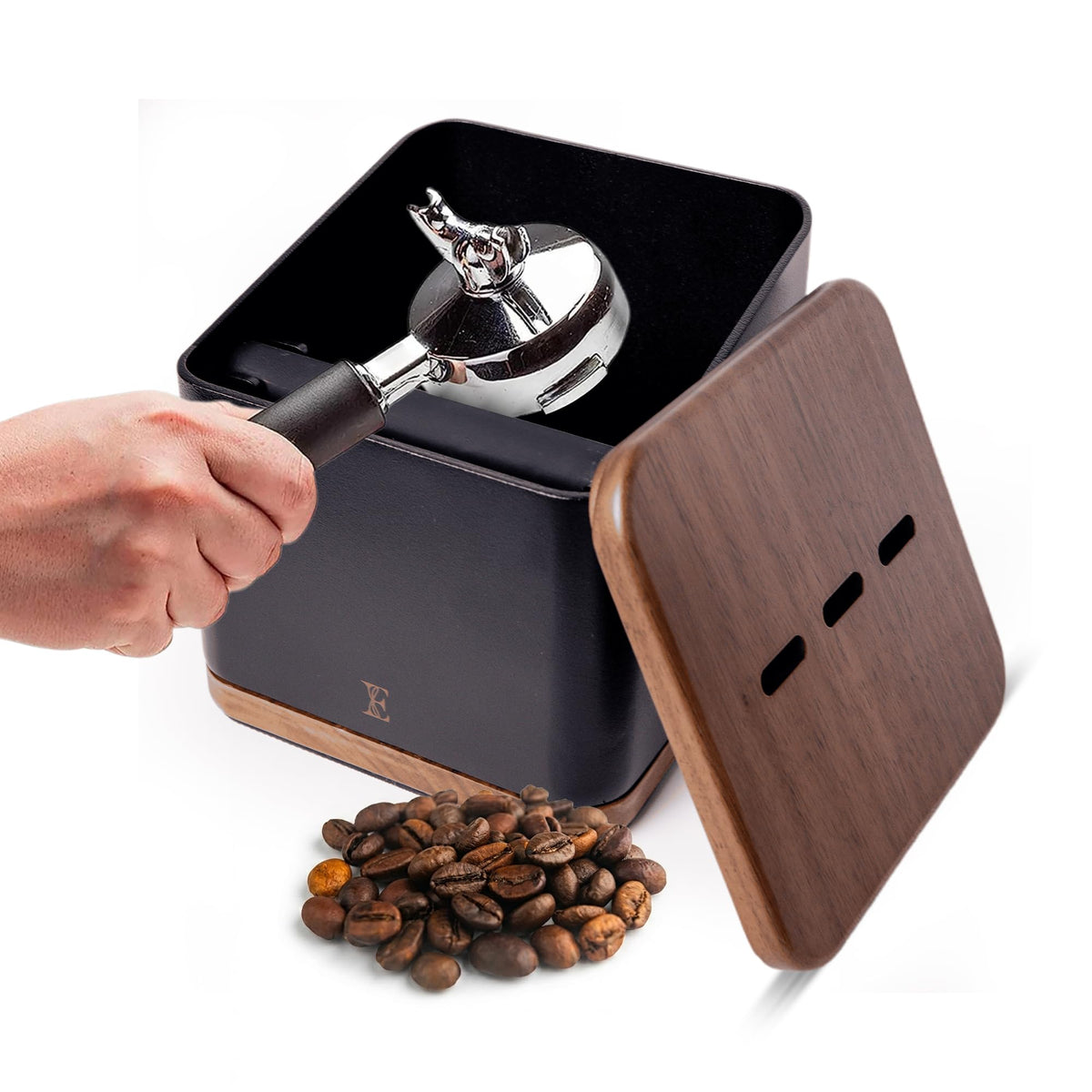 Encanto Luxe espresso knock box with lid for cleaner countertops and easy grounds disposal.