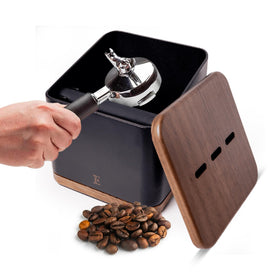Encanto Luxe espresso knock box with lid for cleaner countertops and easy grounds disposal.