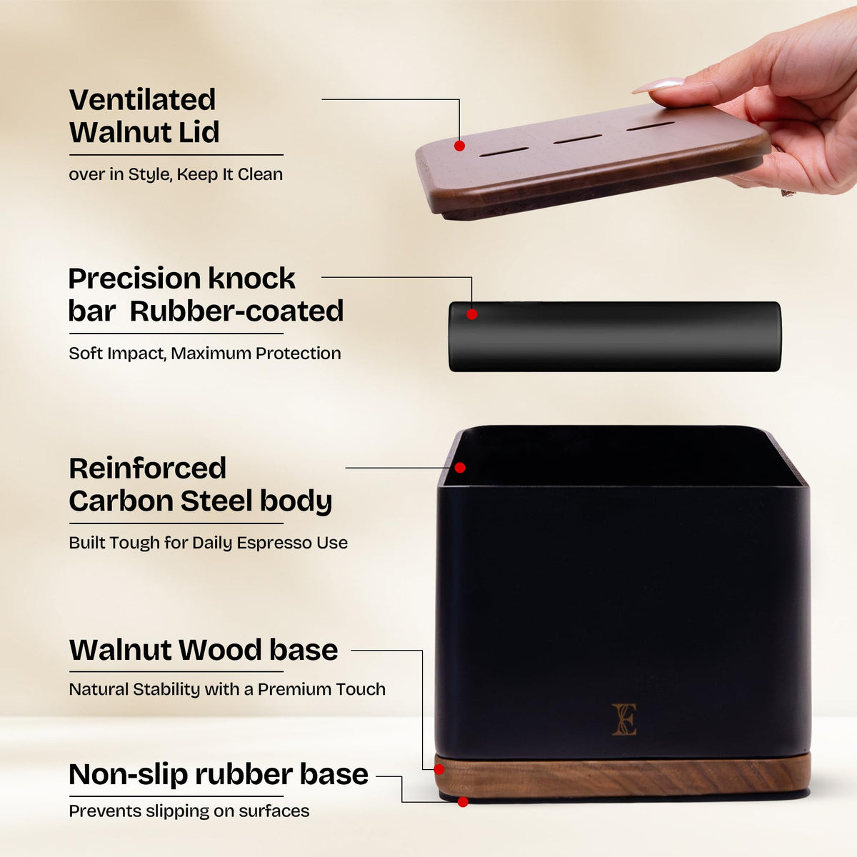Encanto Luxe knock box with walnut base provides stable footing during busy sessions.