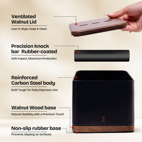 Encanto Luxe knock box with walnut base provides stable footing during busy sessions.