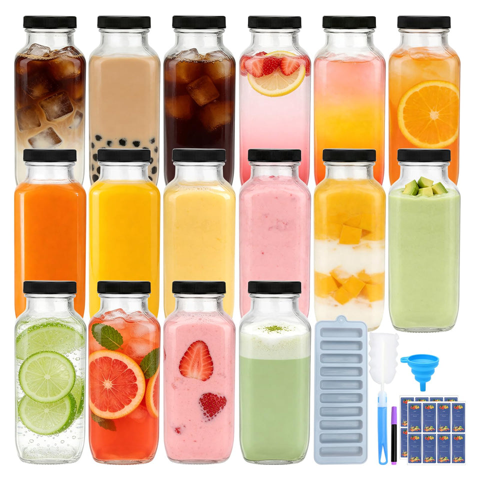 Encheng 16-pack glass bottles with lids for organized juice storage.