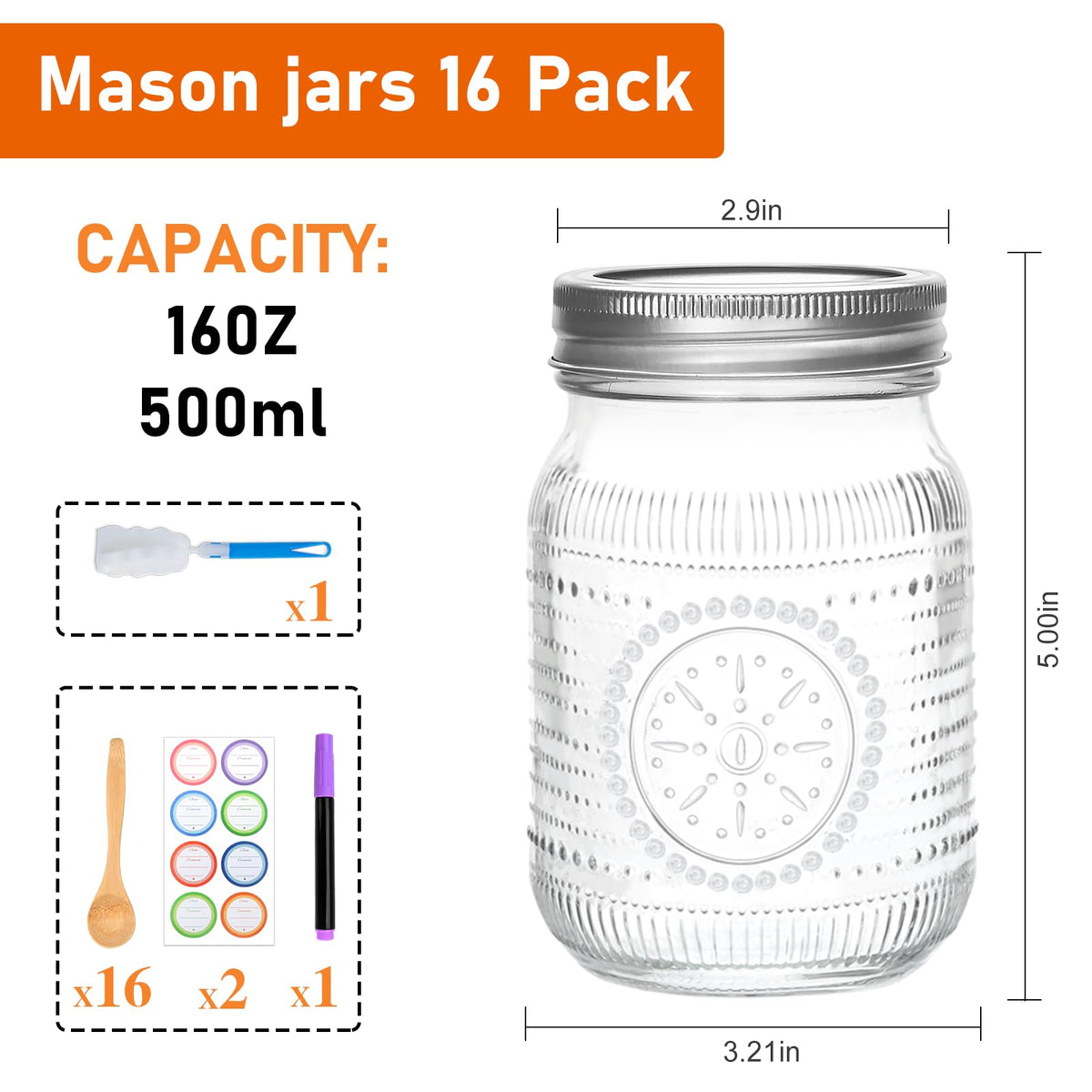 Encheng 16oz mason jar clear glass embossed pattern for stylish storage