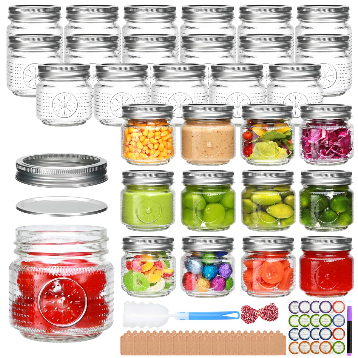 Encheng 8 oz mason jar with embossed design for stylish pantry storage.