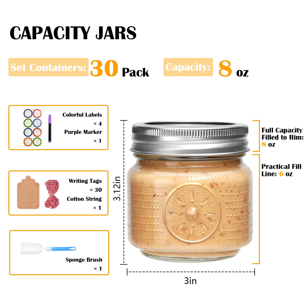 Encheng half-pint jar shows practical 6 oz fill line for easy measuring.