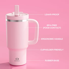 ENCOOL 32 oz tumbler fits most car cup holders for commuting and road trips.