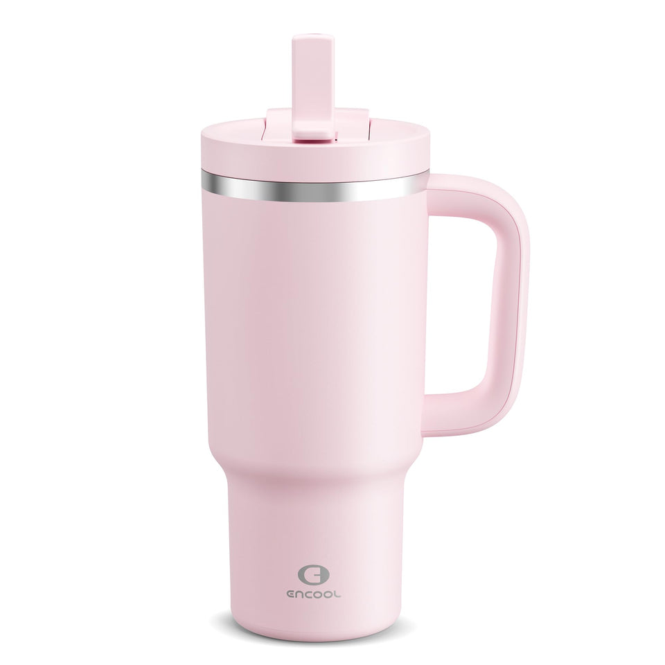 ENCOOL 32 oz tumbler with handle and straw for easy one-handed use on the go.