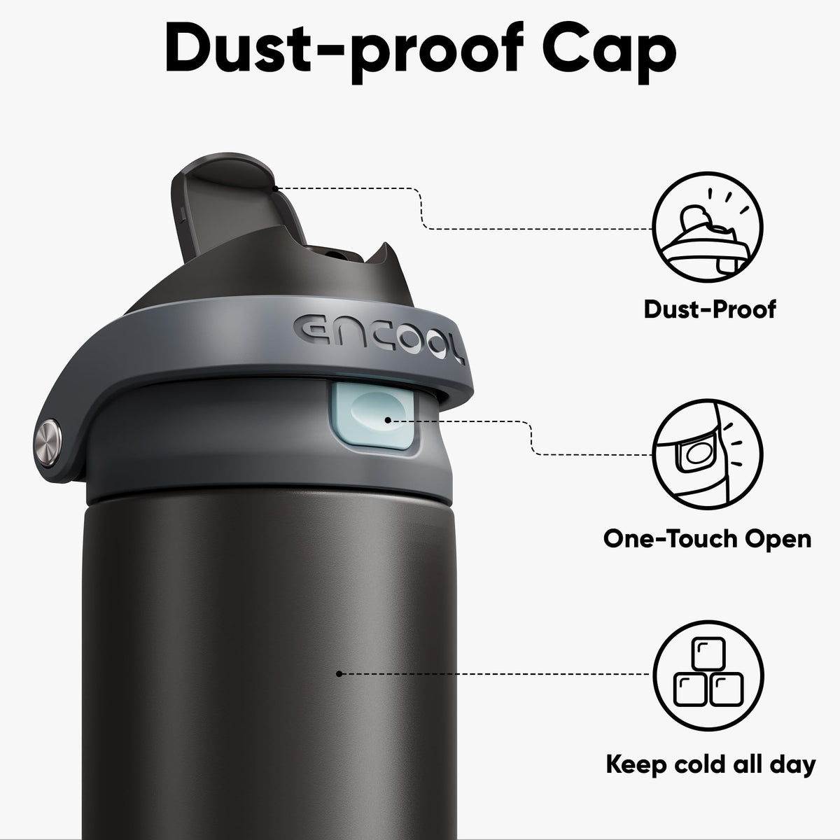 ENCOOL double-wall insulated bottle keeps beverages cold all day.