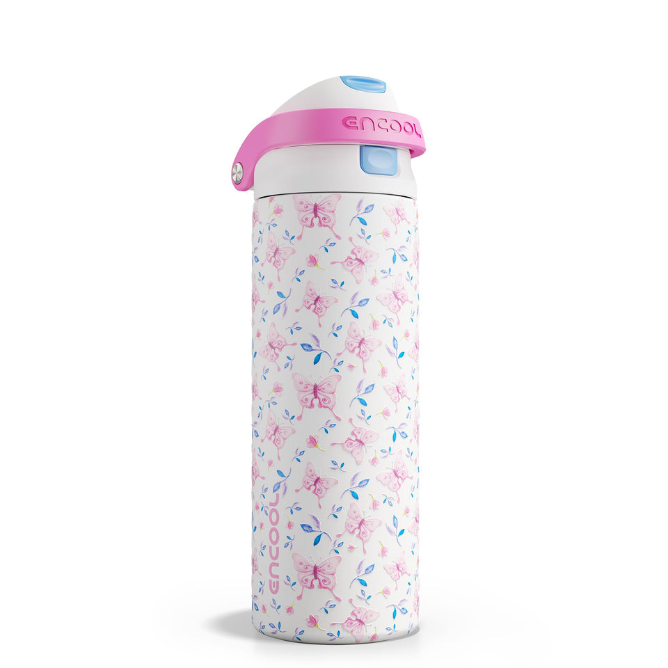 ENCOOL 24oz leakproof bottle with straw and blossom butterfly design for all-day cold drinks
