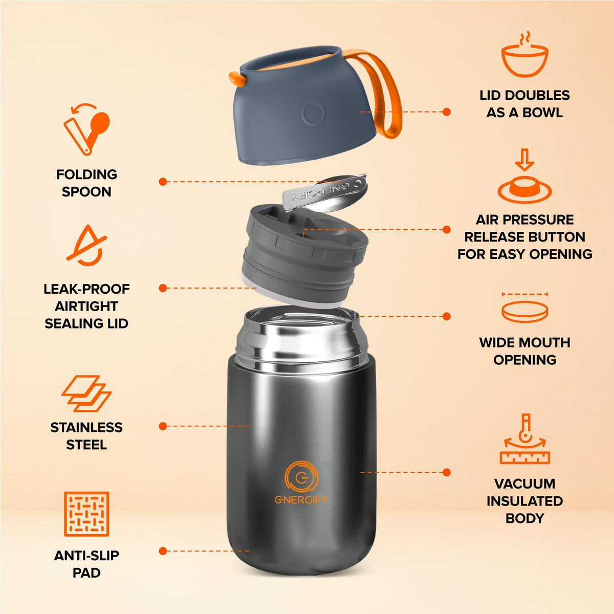 ENERGIFY vacuum insulated food jar wide-mouth design enables easy filling and thorough cleaning.