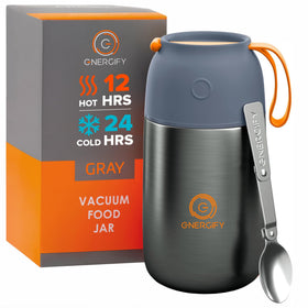 ENERGIFY vacuum insulated food jar with wide mouth keeps meals hot or cold for hours.