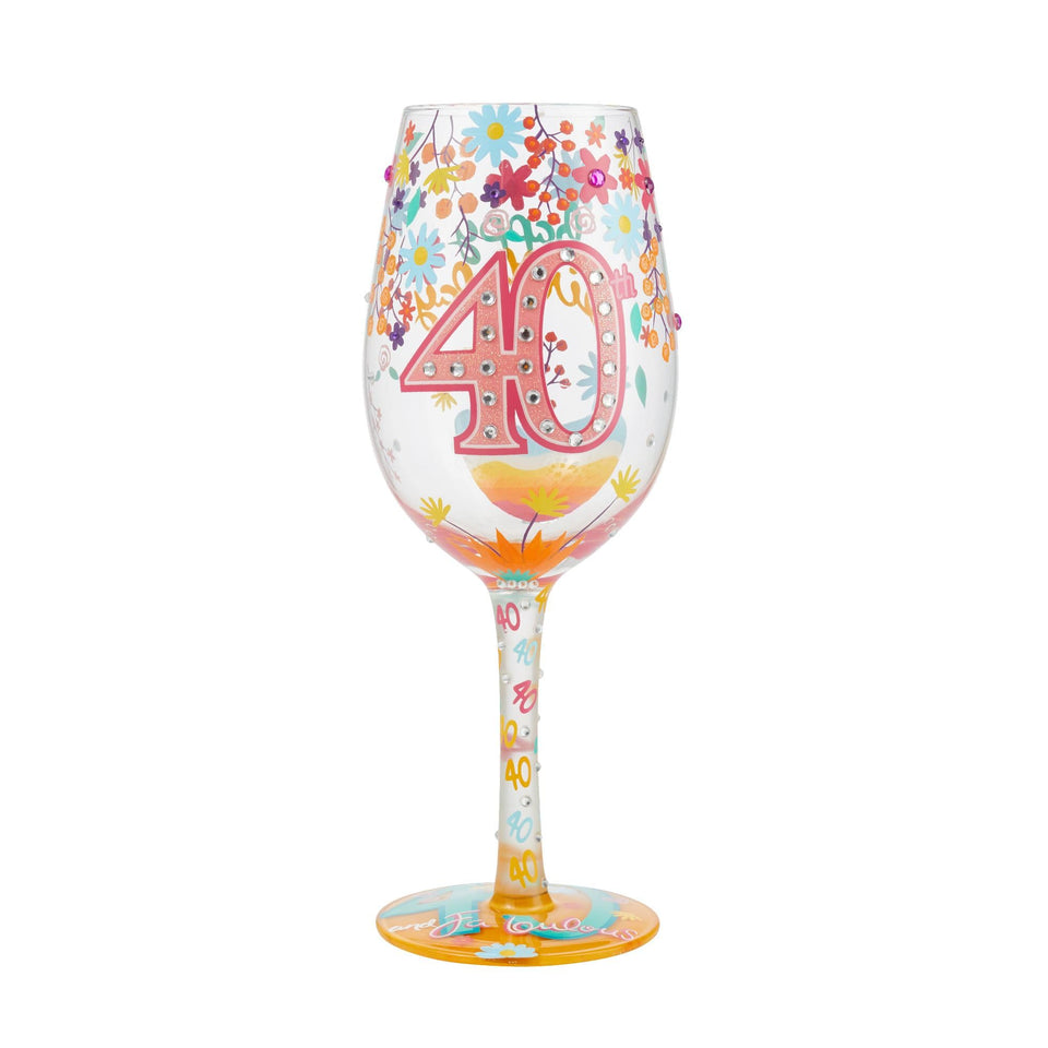 Enesco Designs by Lolita happy 40th birthday wine glass with vibrant hand-painted design for celebrations.