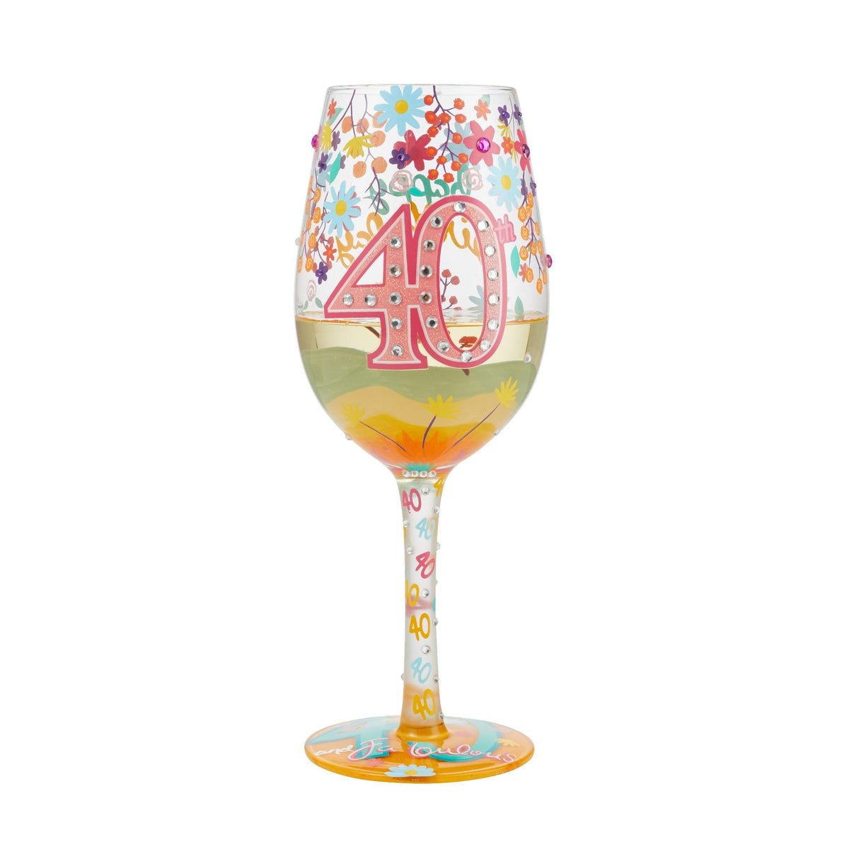 Enesco Lolita hand-painted glass shows base cocktail recipe for a playful toast.