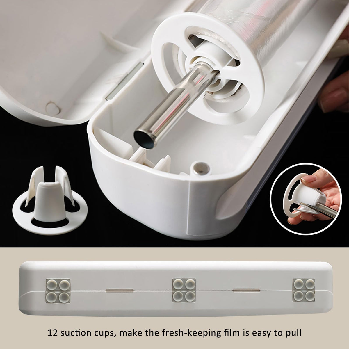 Enjoycoo wrap dispenser with suction cups fixed to fridge for stable, hands‑free use.