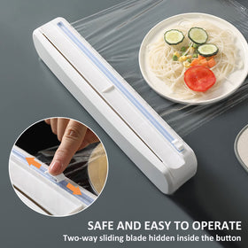 Enjoycoo wrap dispenser two‑way blade close‑up enables safe, clean slicing without tearing film.