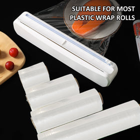 Enjoycoo wrap dispenser works with plastic wrap, parchment, wax paper, and aluminum foil.