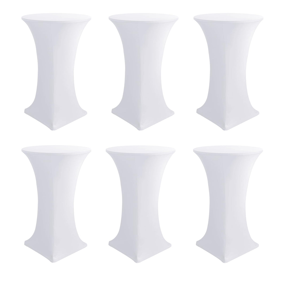 Enjoyidea white stretch cocktail table cover fitted to a 30-32 inch high round table for a clean display.