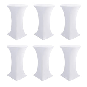 Enjoyidea white stretch cocktail table cover fitted to a 30-32 inch high round table for a clean display.