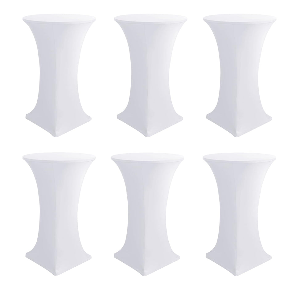 Enjoyidea white stretch cocktail table cover fitted to a 30-32 inch high round table for a clean display.