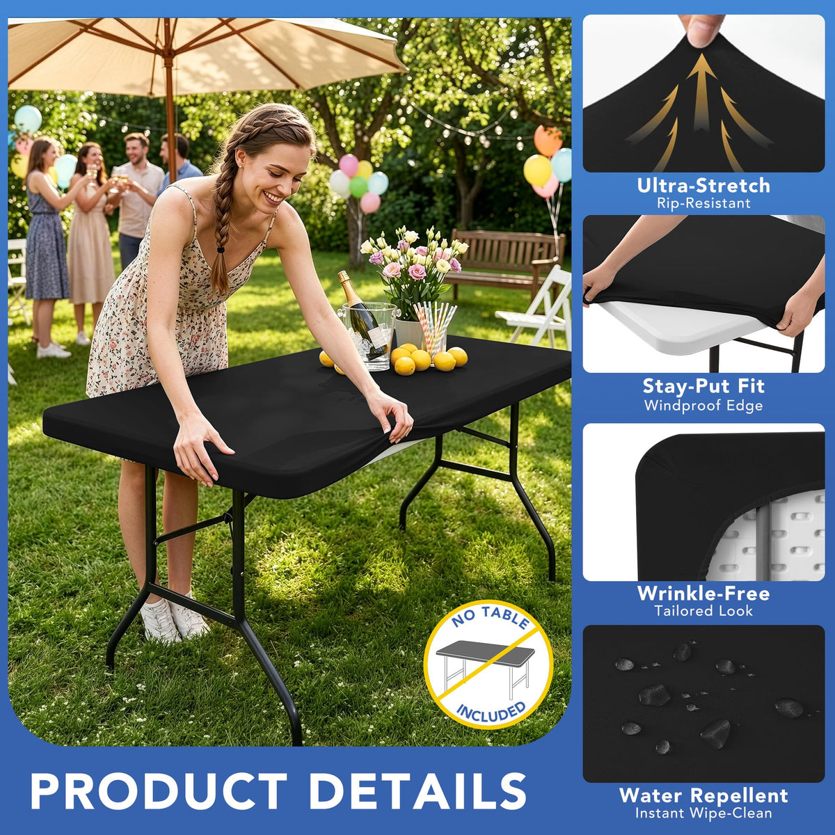 Enjoyidea elastic-edge rectangular tablecloth grips the table for windproof stability.