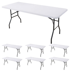 Enjoyidea fitted tablecloth on a 6 ft white table in a dining room for a neat, elegant look.