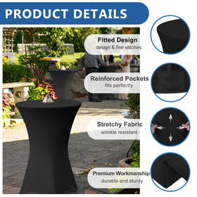 Enjoyidea highboy tablecloth with stretch fit secures against slips on tall tables.