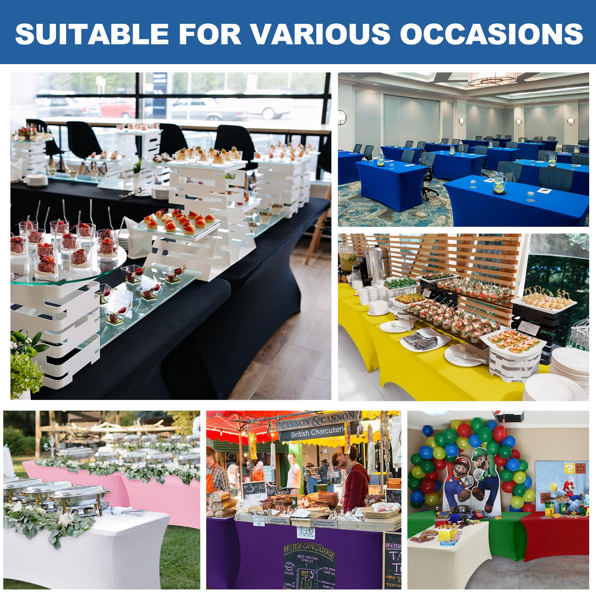 Enjoyidea table cover shown for indoor and outdoor use across different venues.