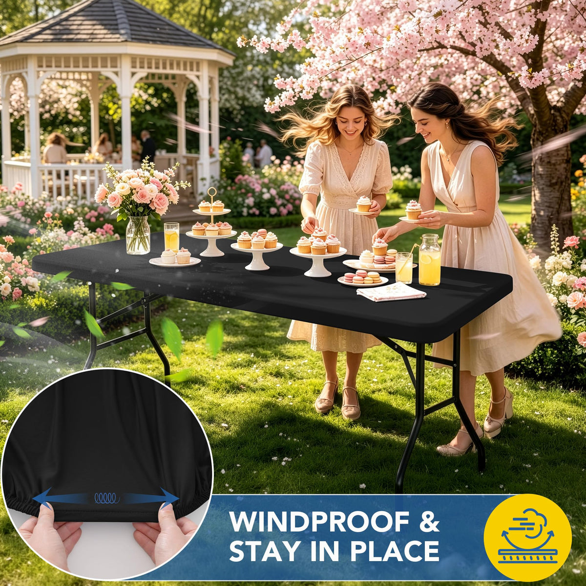 Enjoyidea outdoor tablecloth fits 8 ft tables, easy installation.