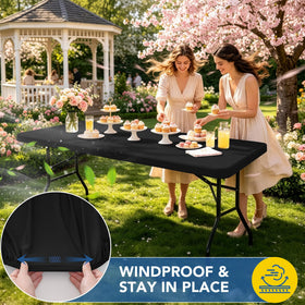 Enjoyidea outdoor tablecloth fits 8 ft tables, easy installation.