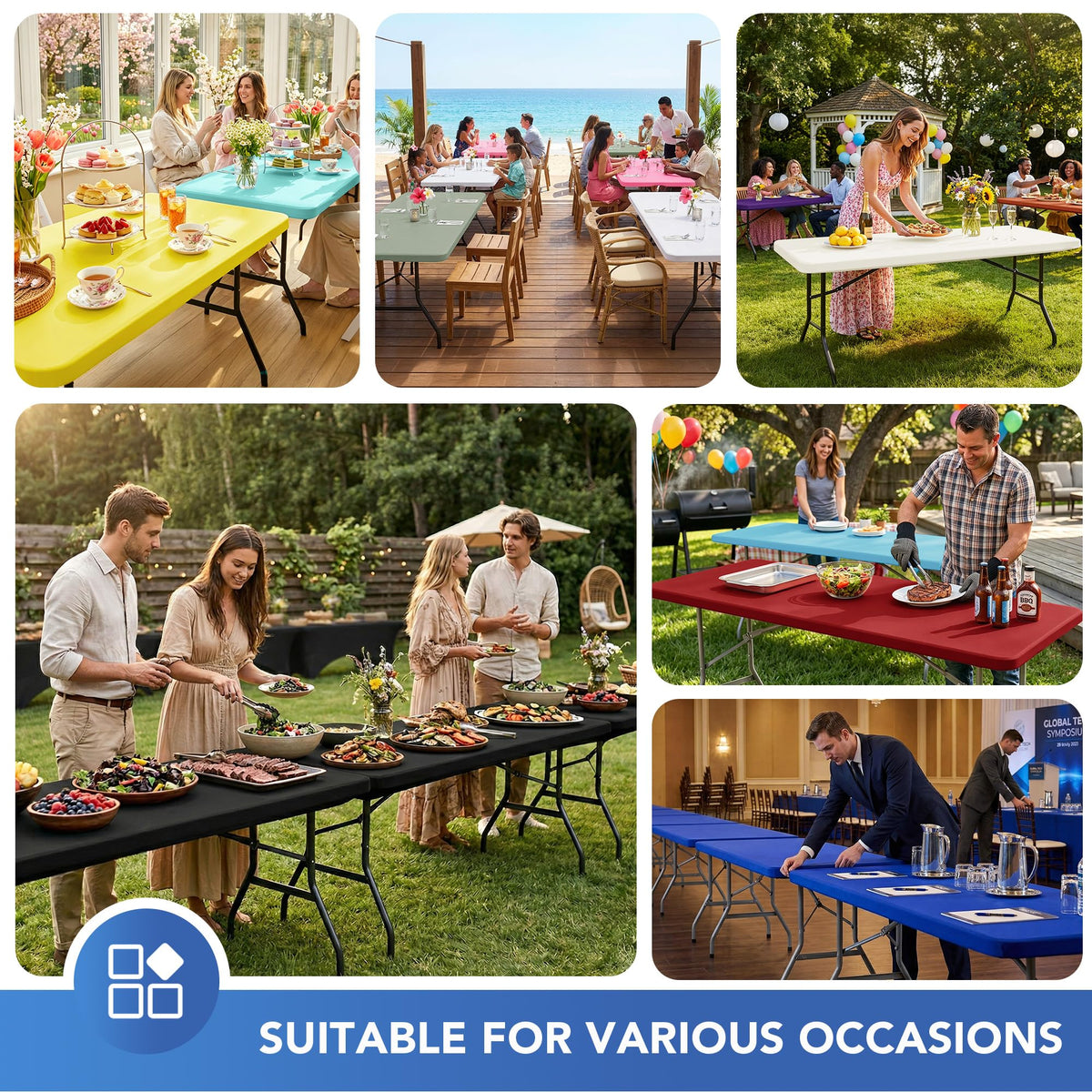 Enjoyidea restaurant-grade table cover with elastic edge for steady setup.