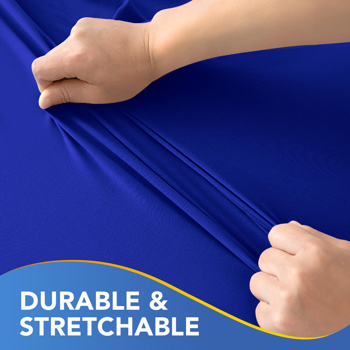 Enjoyidea Spandex table cover in royal blue coordinates with decor and tableware.