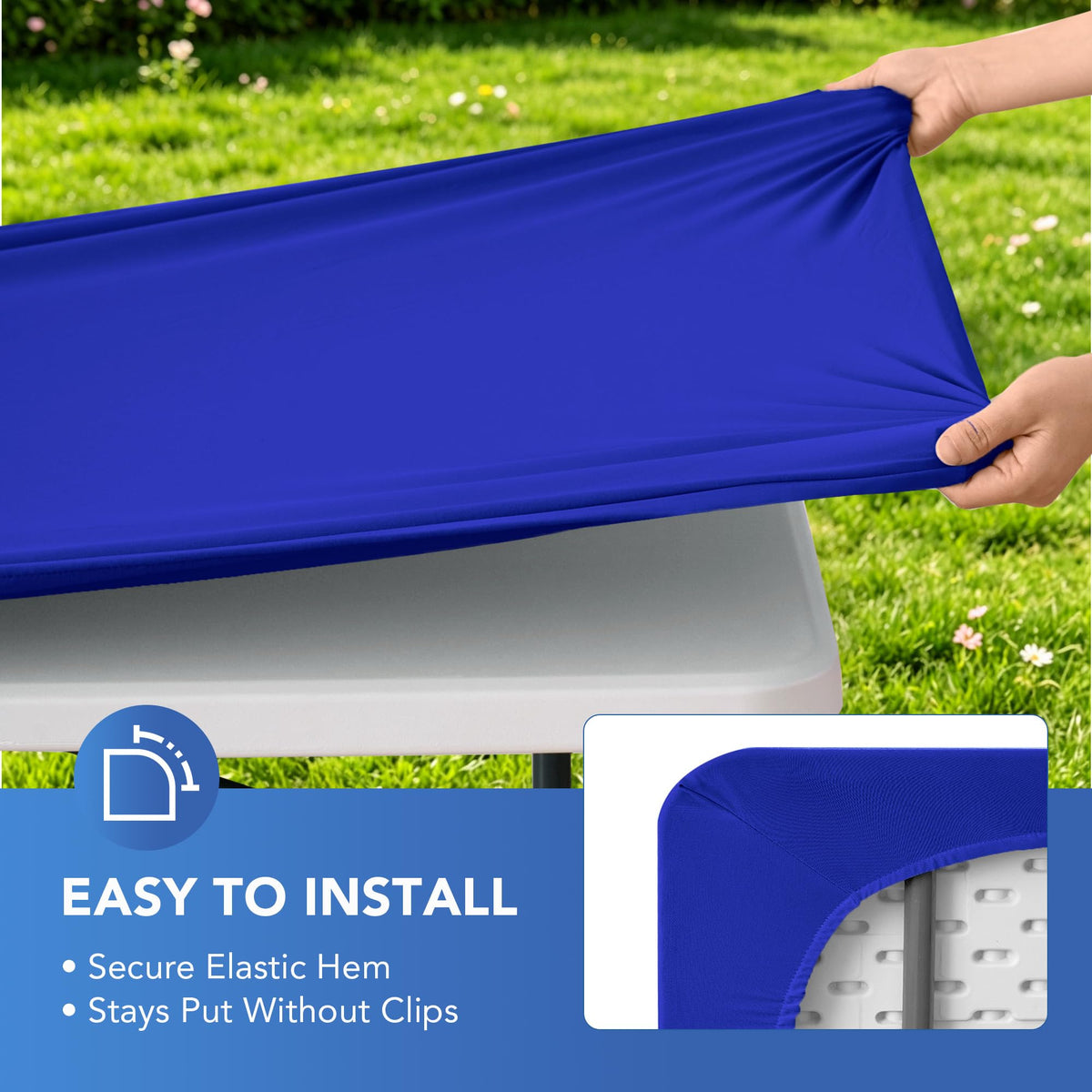 Enjoyidea Spandex table cover resists light spills on outdoor picnics.
