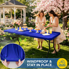Enjoyidea Spandex table cover highlights royal blue shade for weddings and outdoor events.