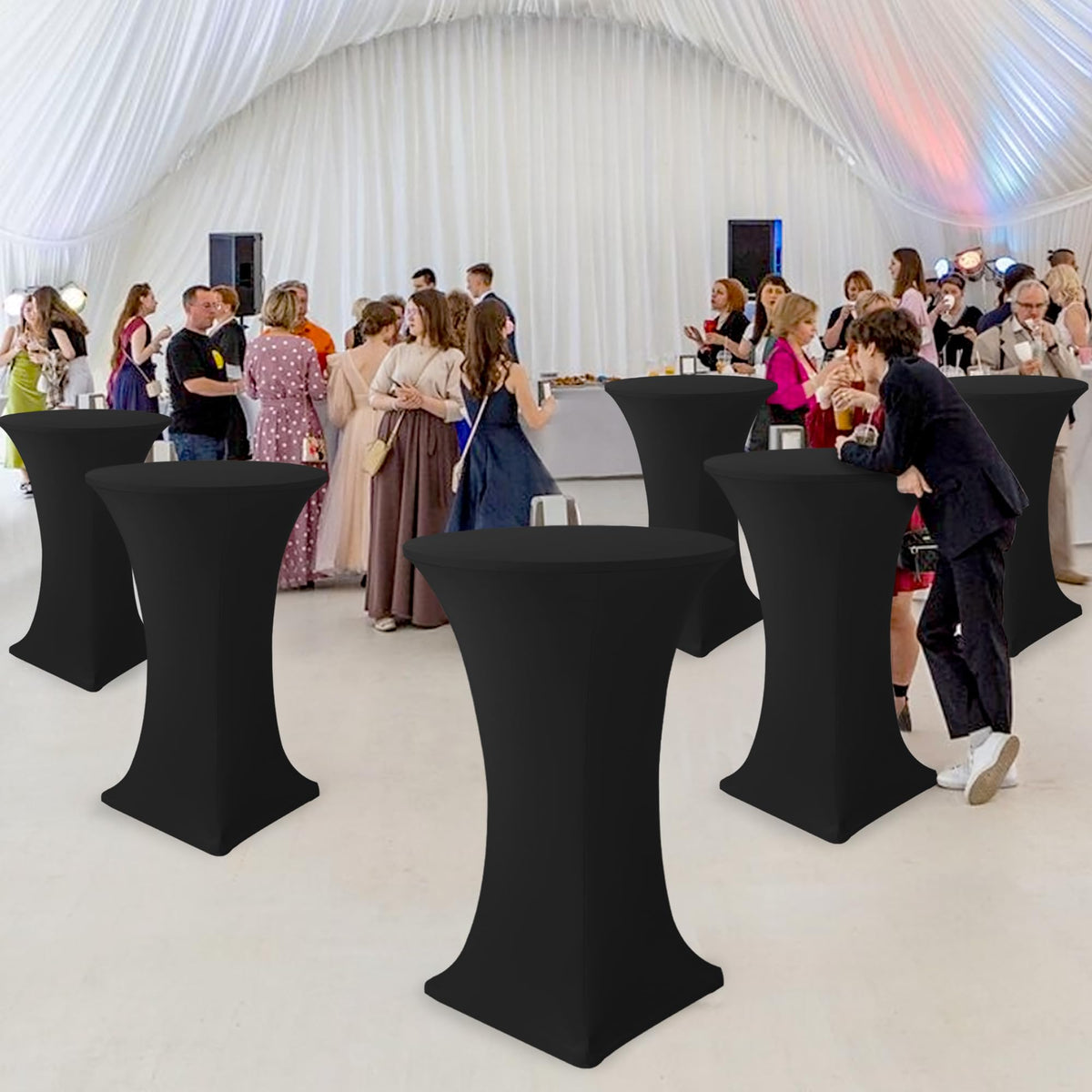 Enjoyidea spandex table cover provides easy placement and taut professional appearance.