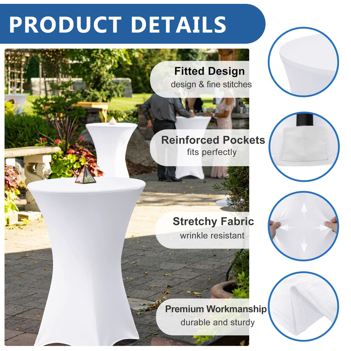 Enjoyidea anti-slip leg pockets keep tall highboy tables secure during events.