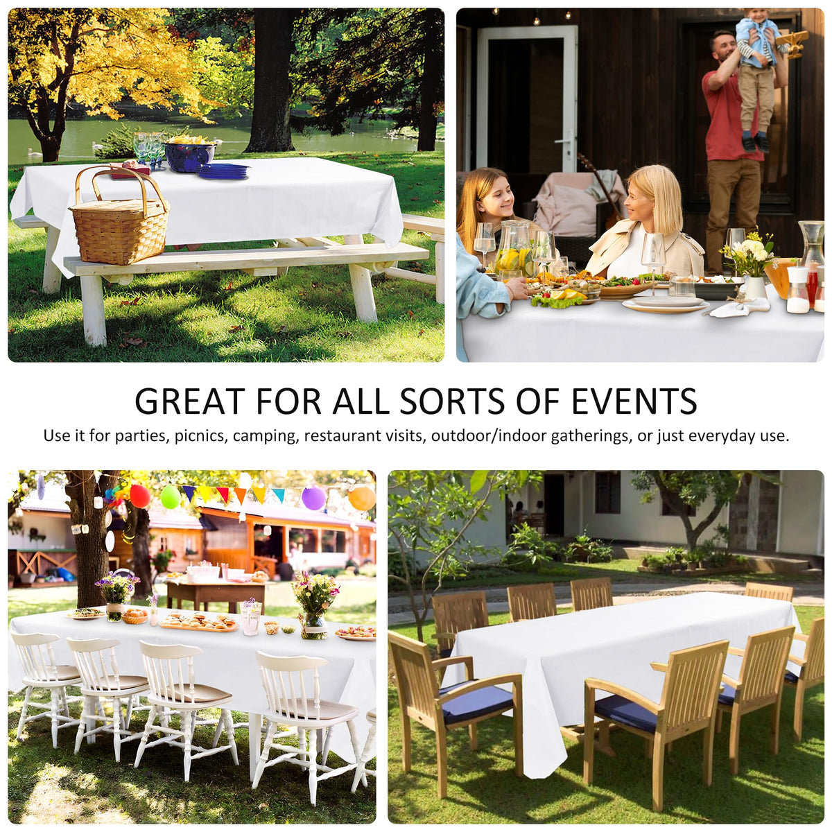 Commercial event use with large rectangular tables covered for neat presentation.