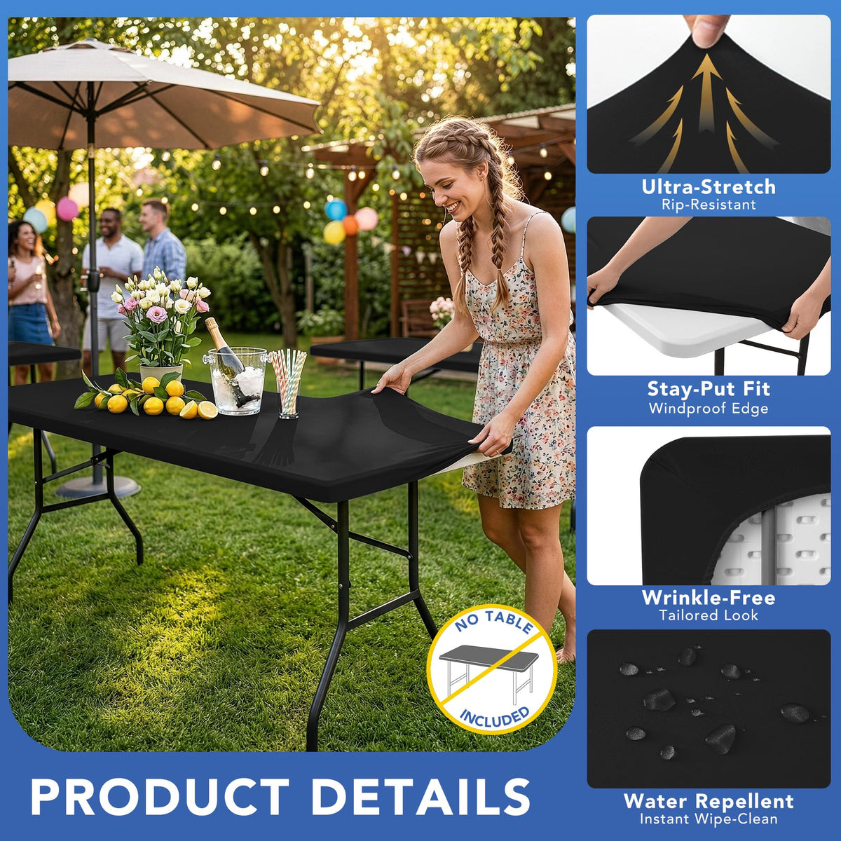 Enjoyidea water-repellent stretch edge keeps the tablecloth in place outdoors.