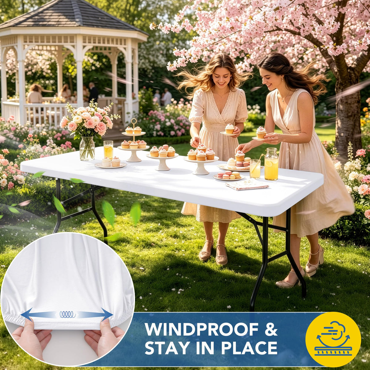 Outdoor dining with Enjoyidea water-repellent tablecloth protecting the surface.