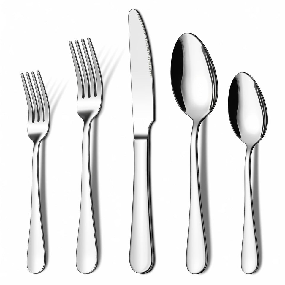 ENLOY 20-piece flatware set on a dining table showing complete service and timeless style.