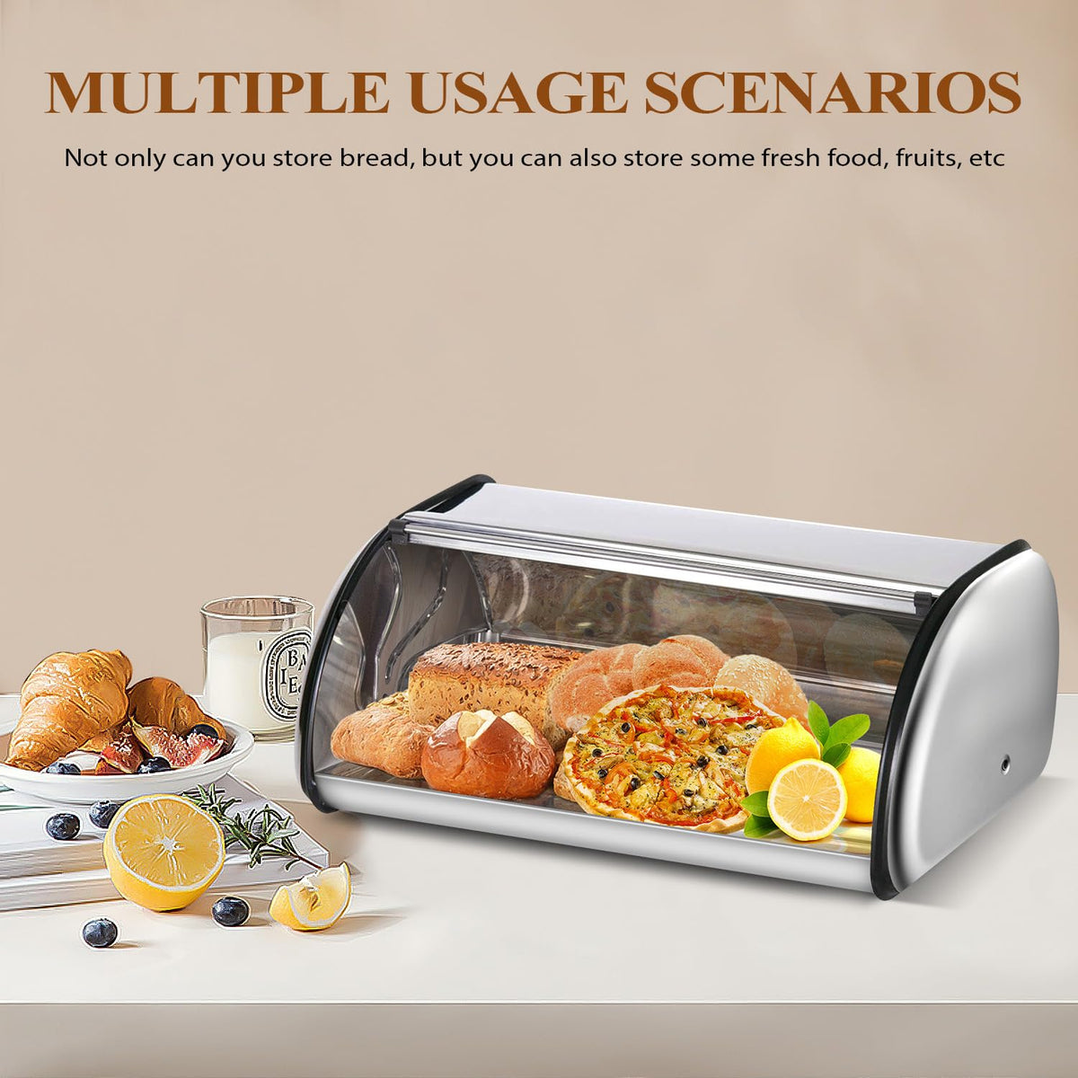 ENLOY kitchen setup featuring bread box with roll-top integrated.