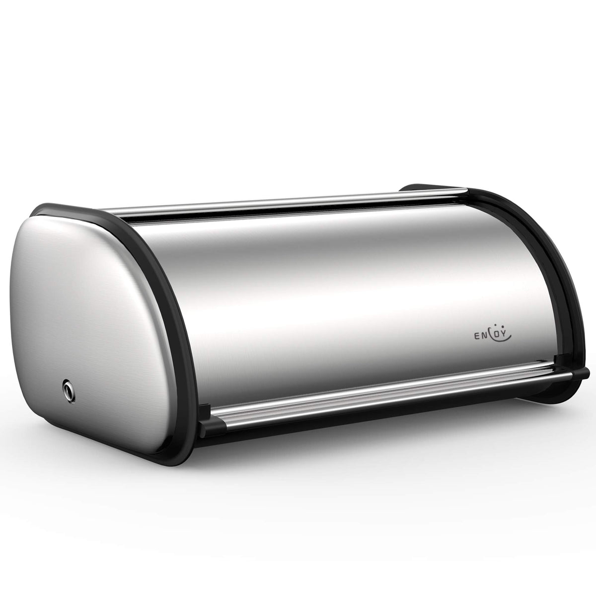 ENLOY bread box front view with roll-top lid and stainless steel finish.
