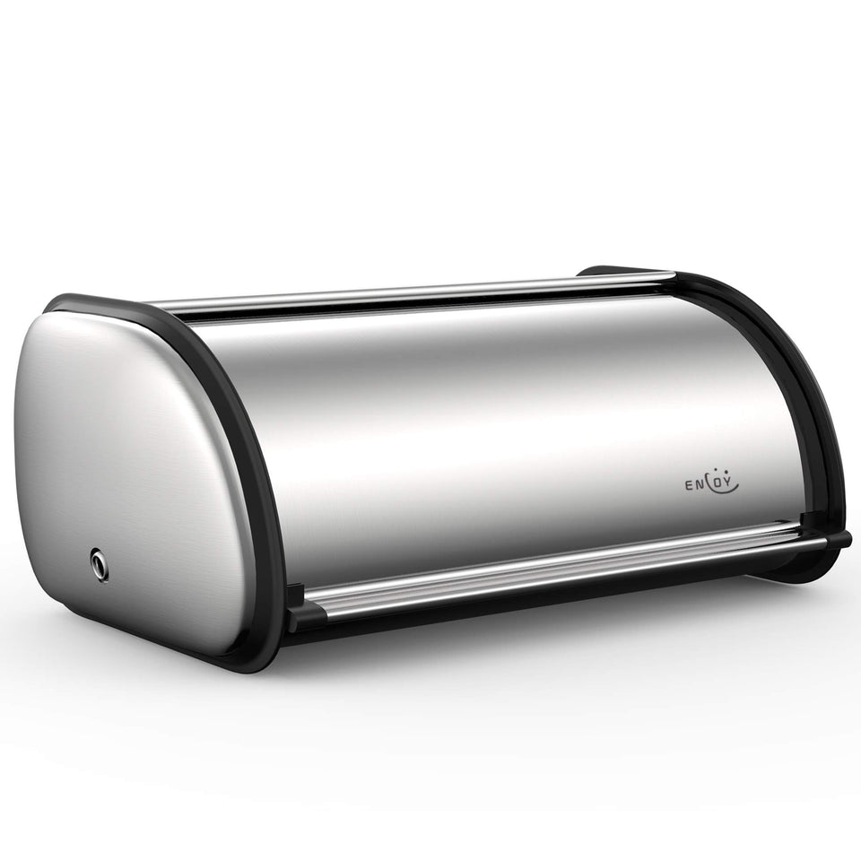 ENLOY bread box front view with roll-top lid and stainless steel finish.