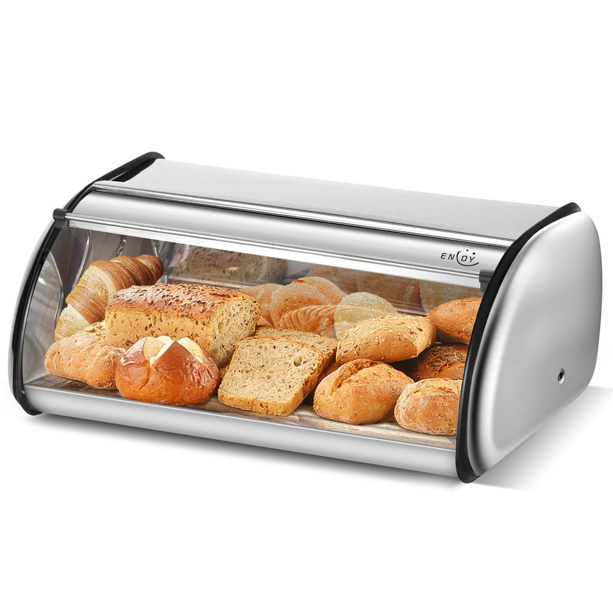 ENLOY bread box open roll-top demonstrates accessible interior for loaves.