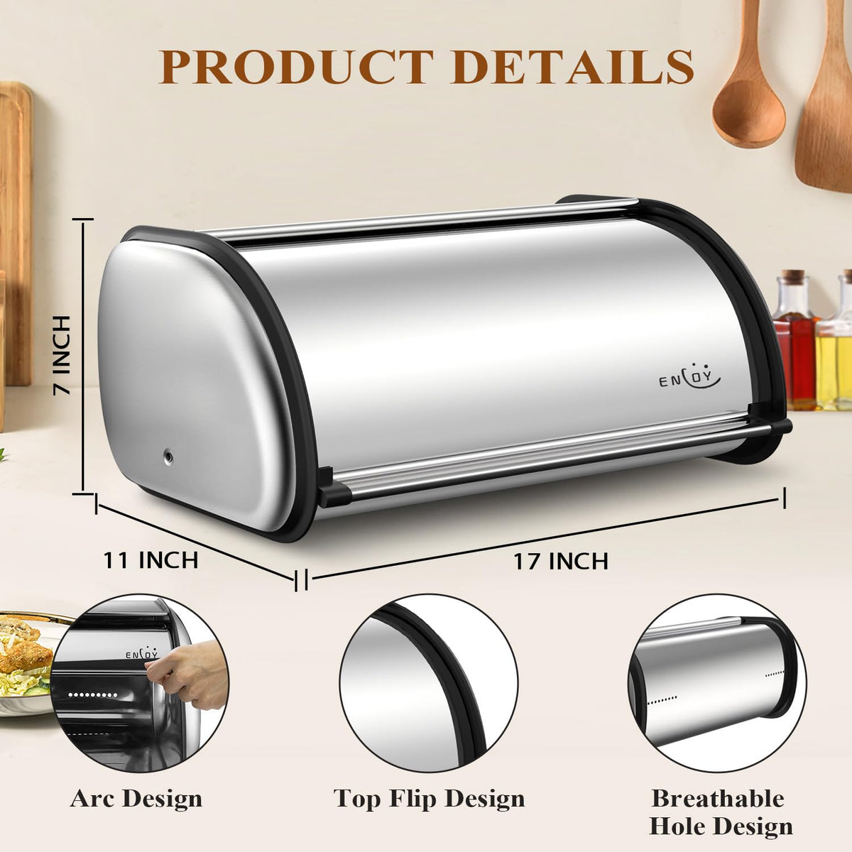 ENLOY bread box side view highlights compact footprint in kitchen.